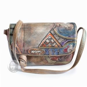 Jane Yoo Bag Crossbody Distressed Leather Handpainted Wearable Art Flap Bag